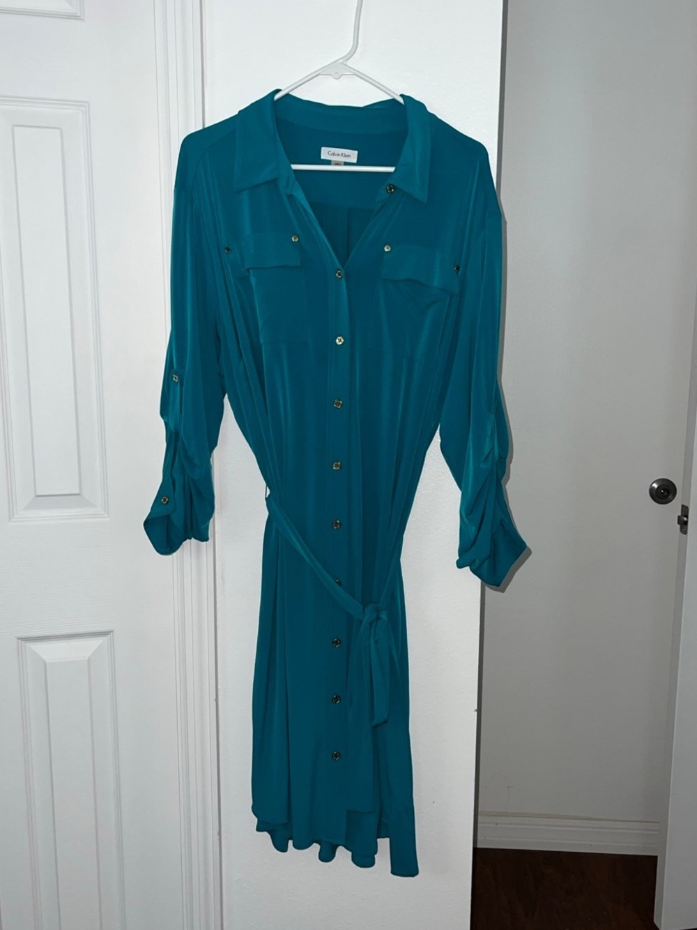 Calvin Klein Teal Button Front Shirt Dress with Self Tie
